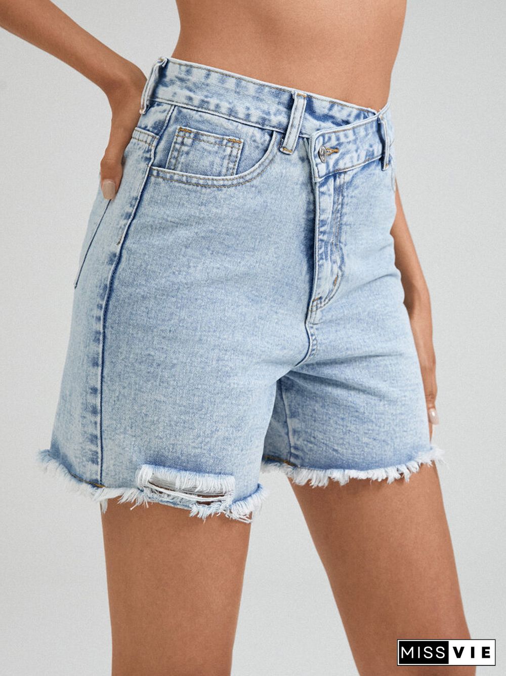 Asymmetrical High Waist Pocket Frayed Edge Denim Shorts