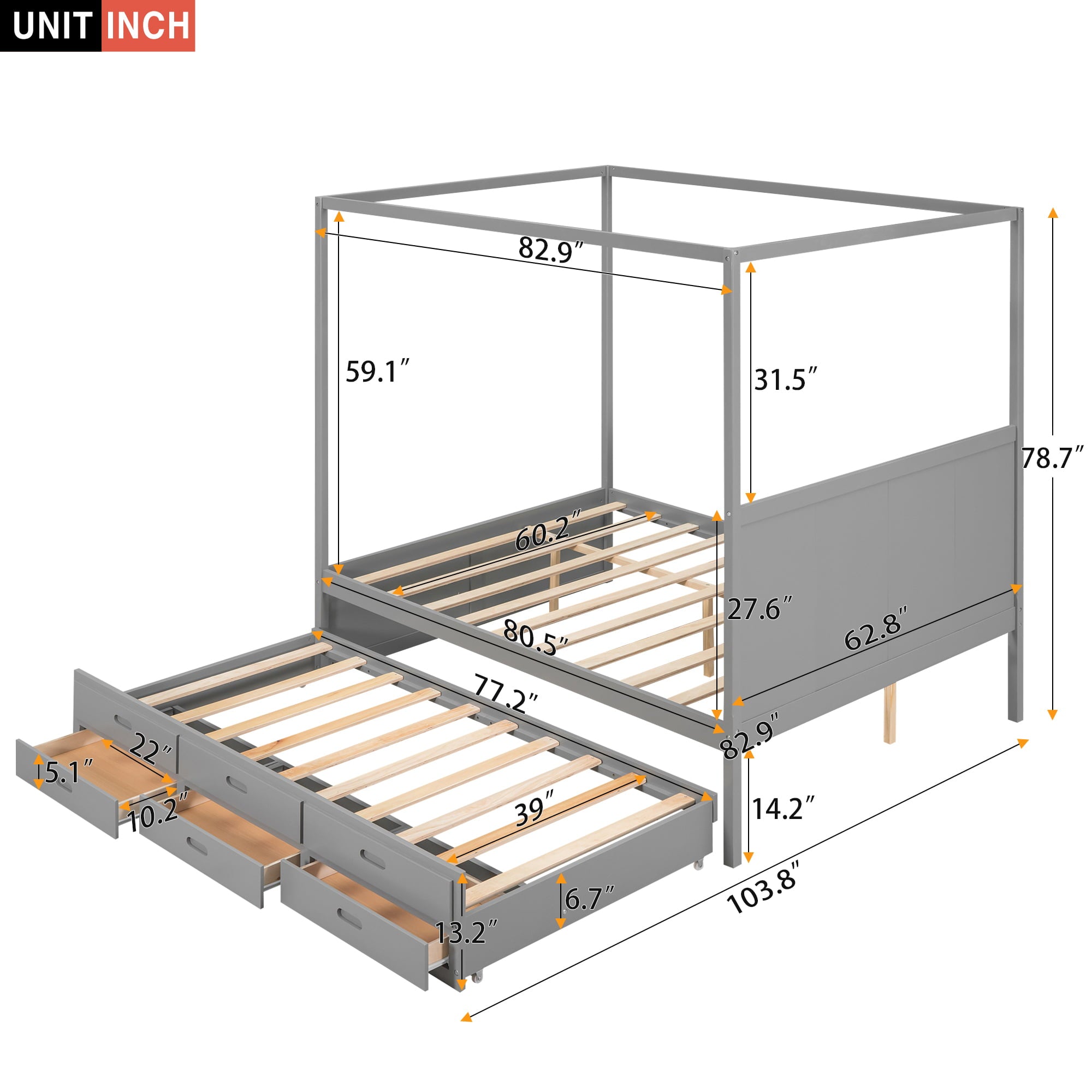 EUROCO Queen Size Canopy Platform Bed with Trundle and Drawers, Gray