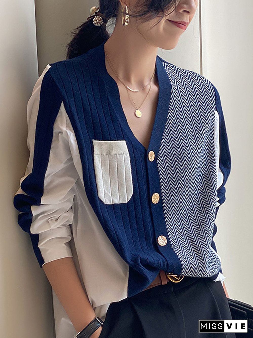 Original Loose Irregular Split-Joint Buttoned V-Neck Long Sleeves Sweater Blouse