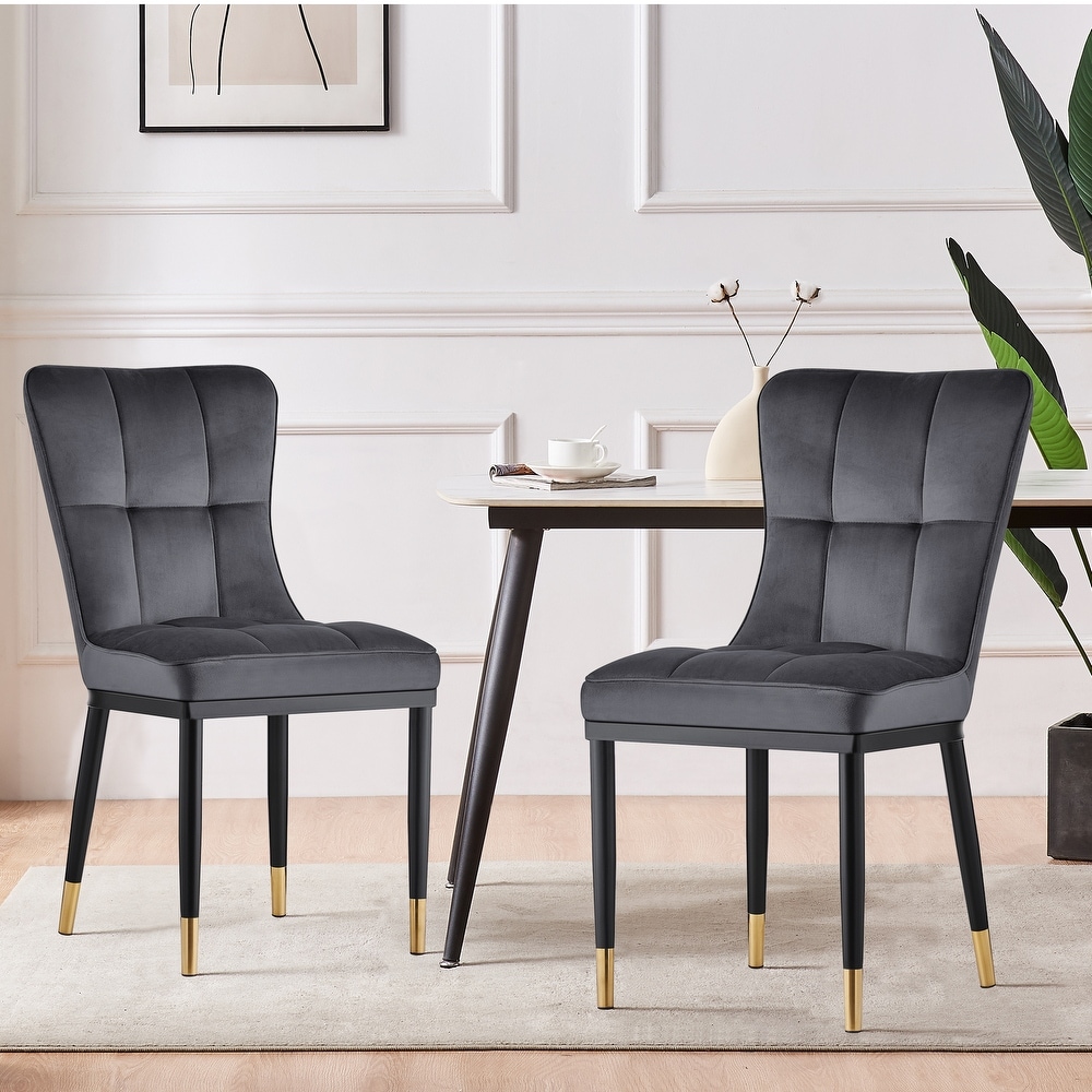 Velvet Upholstered Dining Chairs with Checked Pattern   Metal Legs