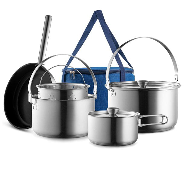 Camping Cookware Set 304 Stainless Steel 8-Piece Pot & Pan Kit Compact Outdoors