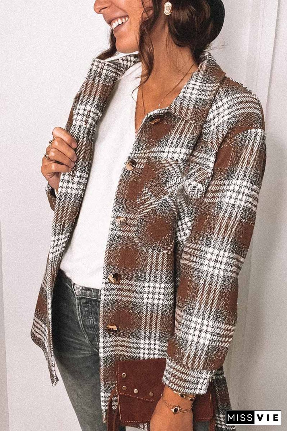 Fashion Lapel Loose Plaid Jacket Tops(3 Colors)