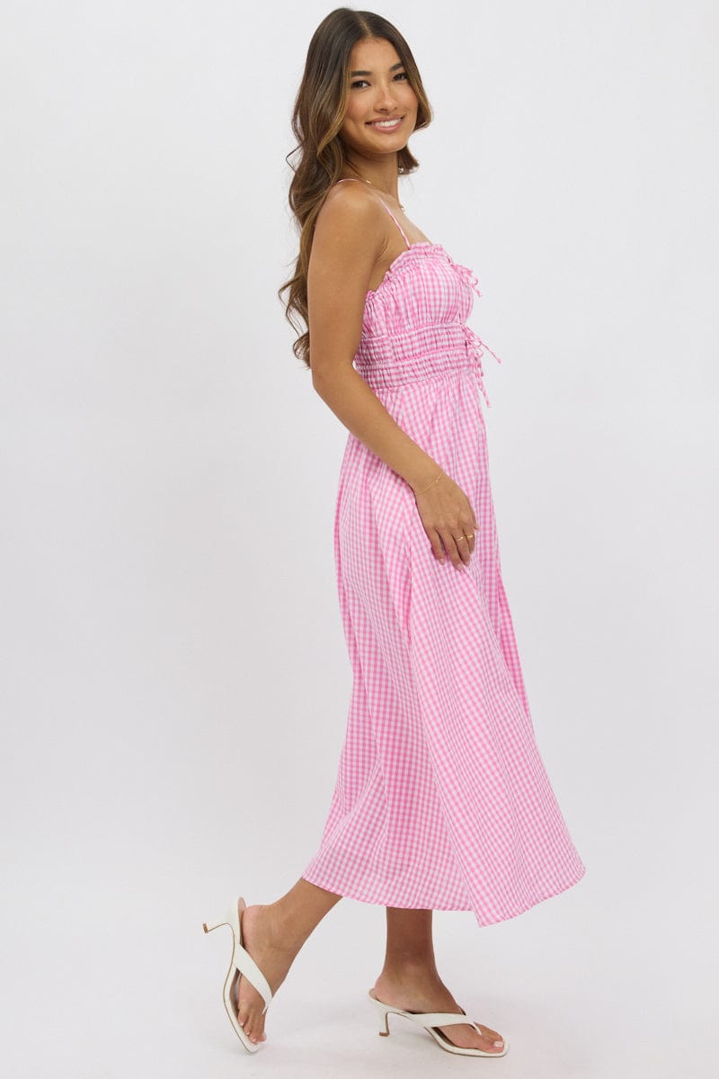 Pink Check Midi Dress Ribbon Detail Strappy