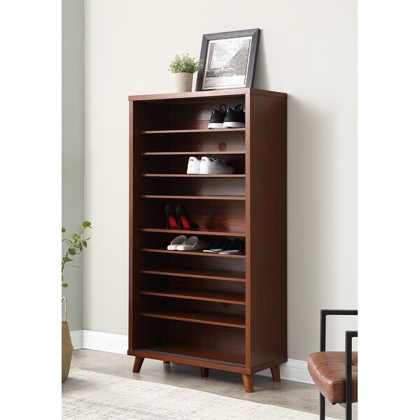 Joyner Walnut Wooden 9-shelf Shoe Cabinet with Mirror Door - - 37210452