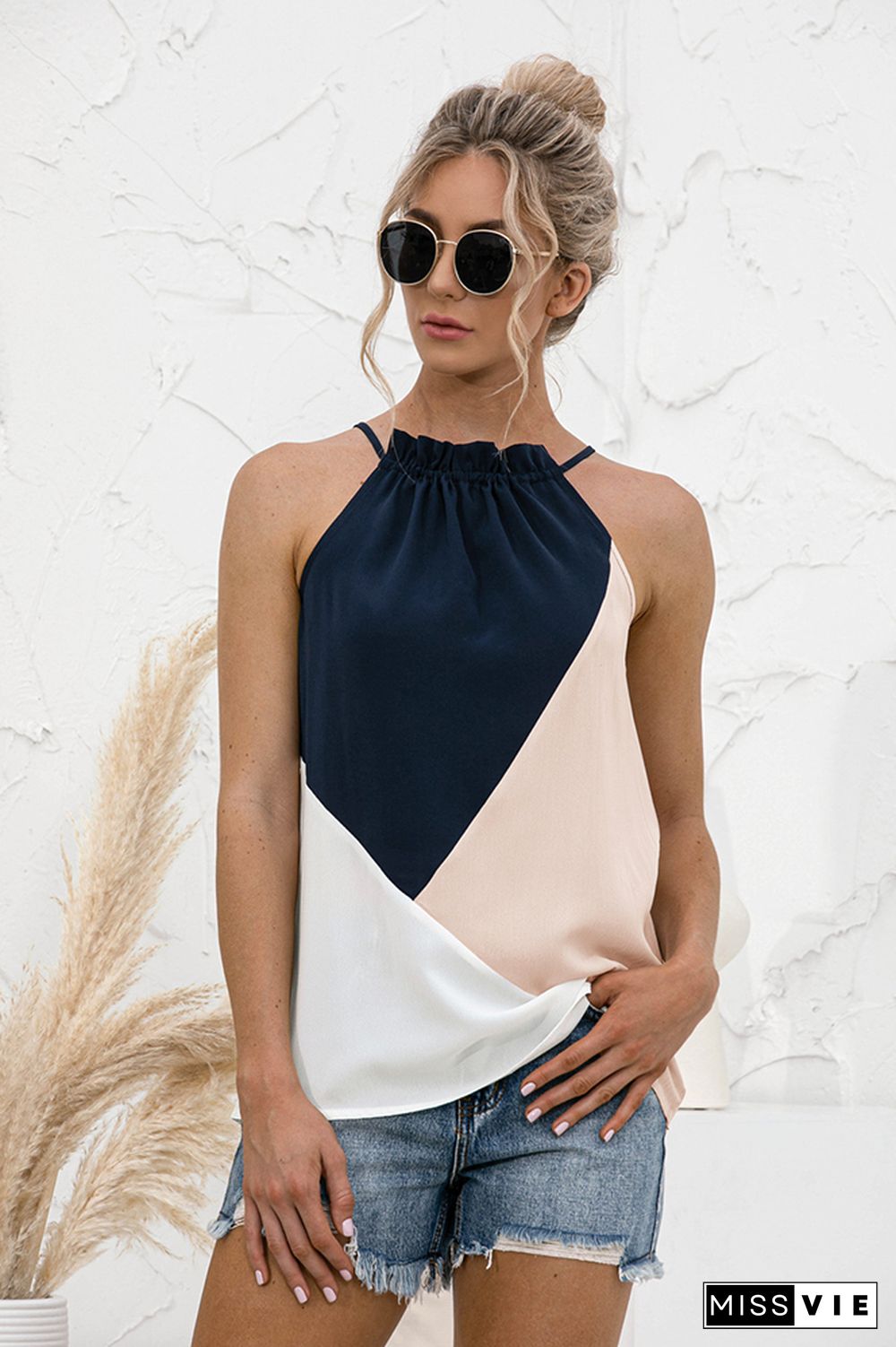 Color Block Halter Sleeveless Tank Top