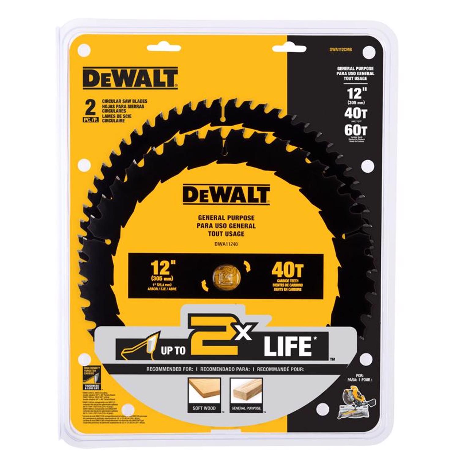 DW 12 in. D X 1 in. Carbide Tipped Circular Saw Blade 40/60 teeth 2 pk