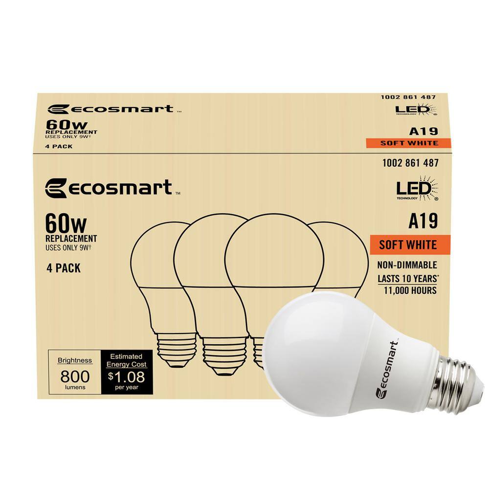 EcoSmart 60-Watt Equivalent A19 Non-Dimmable LED Light Bulb Soft White (4-Pack) B7A19A60WUL14