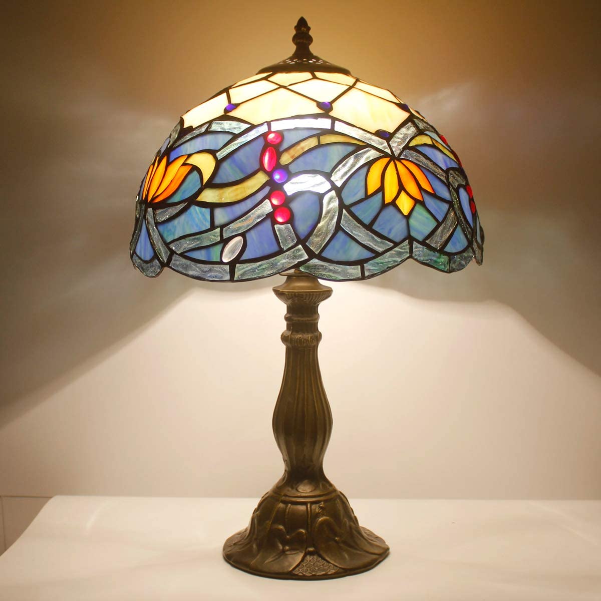 SHADY Tiffany Table Lamp Stained Glass Bedside Lamp Blue Lotus Desk Reading Light 12X12X18 Inches Decor Bedroom Living Room Home Office S220 Series