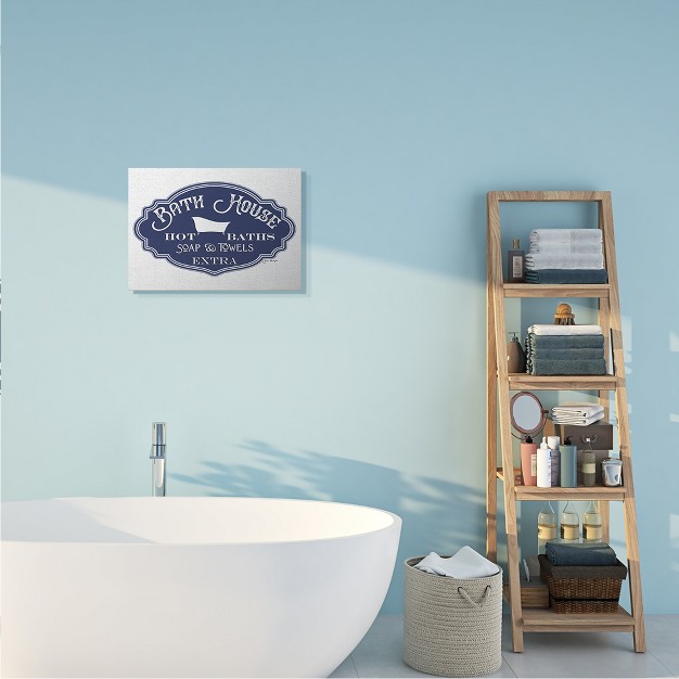 Stupell Industries Vintage Bath House Sign Minimal Blue White