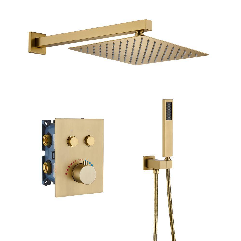 Mondawe 2-Spray Patterns 12 in. Wall Mount Rainfall Dual Shower Heads with Thermostatic Bathroom Showers in Gold WF6647-12BG