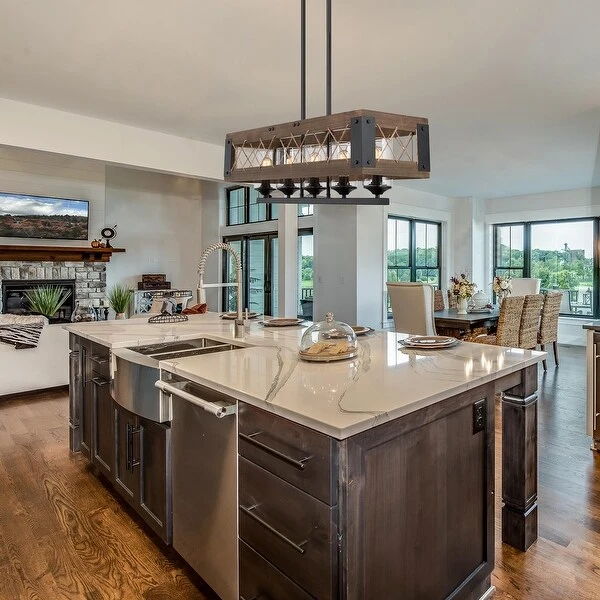 Farmhouse 32-in Linear 5-Light Wood Chandelier Rustic Island Lights