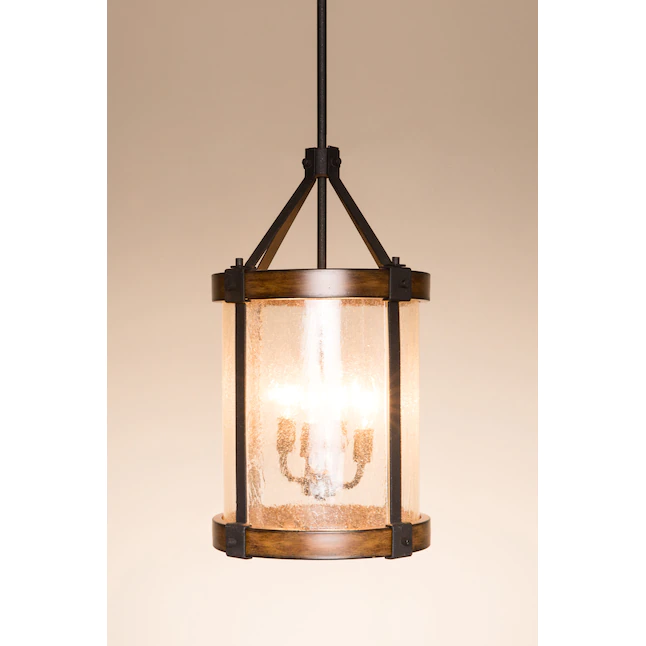 Kichler Barrington 4-Light Distressed Black and Wood Tone Rustic Seeded Glass Cylinder Pendant Light