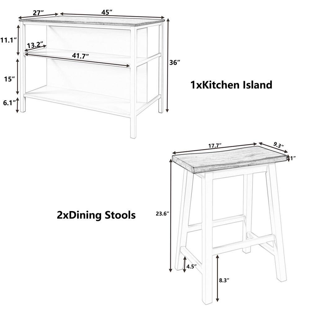 Tileon Cream White Kitchen Island Set w 2-Stools Rustic Wood Dining Table Kitchen Prep Table with 2-Open Shelf and Walnut Top AYBSZHD294