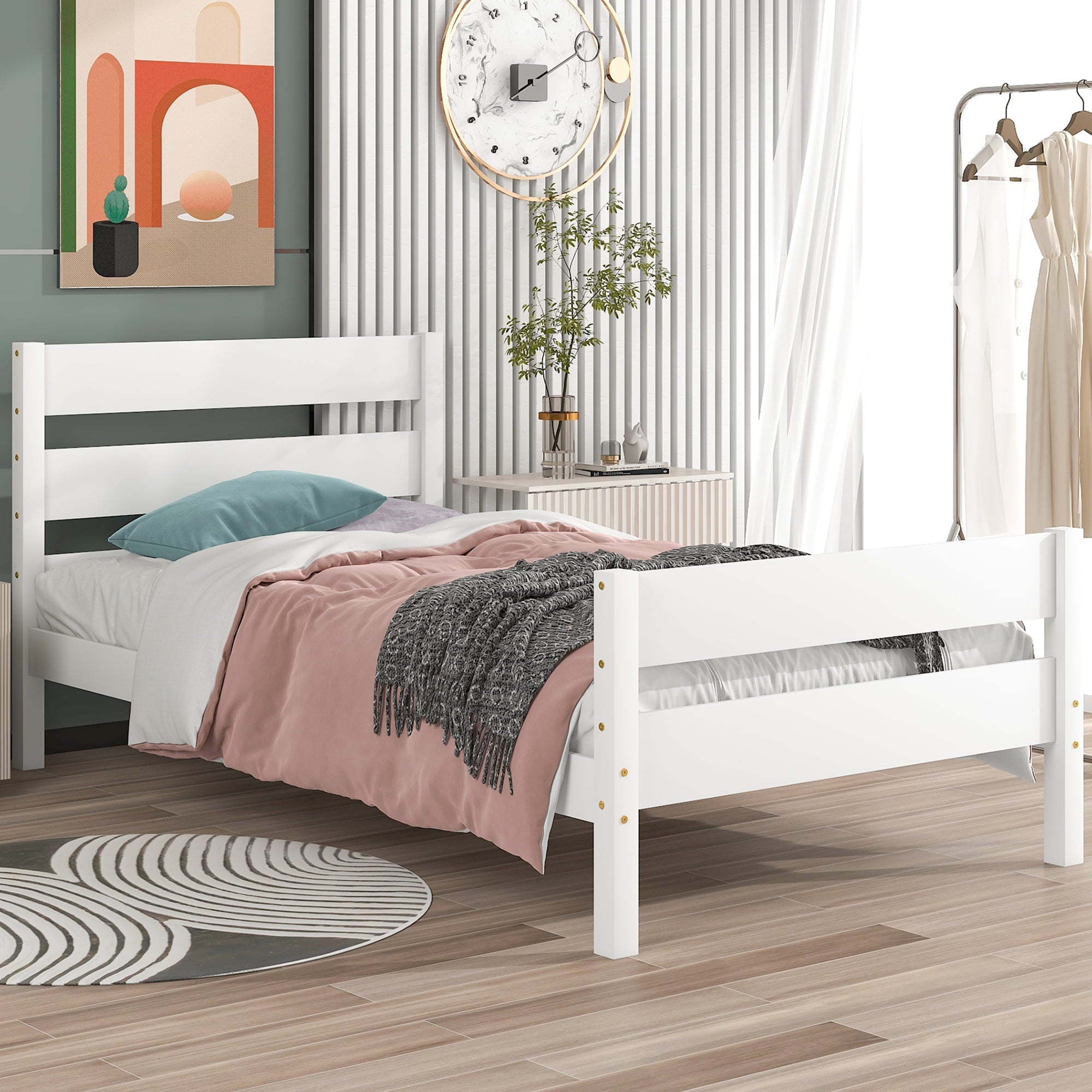 BTMWAY Wood Twin Bed Frame for Kids Adults, Solid Wood Platform Bed Frame with Headboard and Footboard, Modern Twin Size Bed Frame with Wooden Slats Support, No Box Spring Needed, White