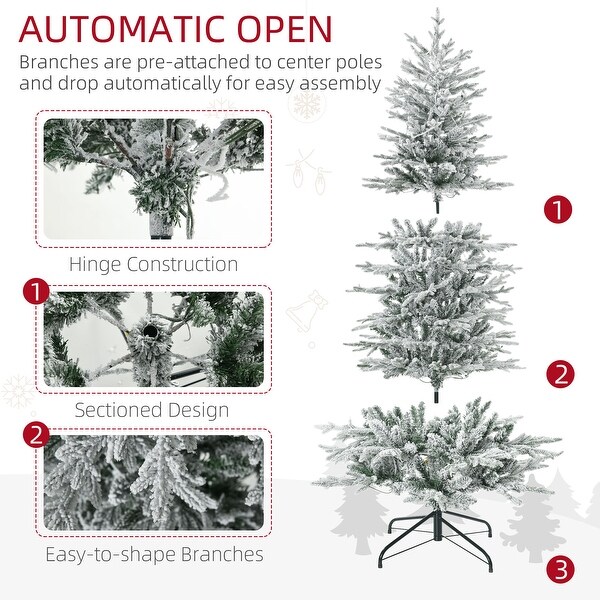 HOMCOM 6ft Tall Prelit Artificial Christmas Tree Holiday Décor with 636 Snow Flocked Branches，Auto Open，Extra Bulb