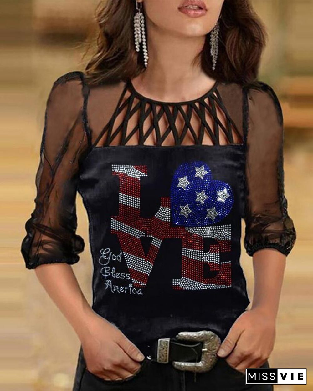 Independence Day Print Long Sleeve Mesh Contrast T-shirt P12383