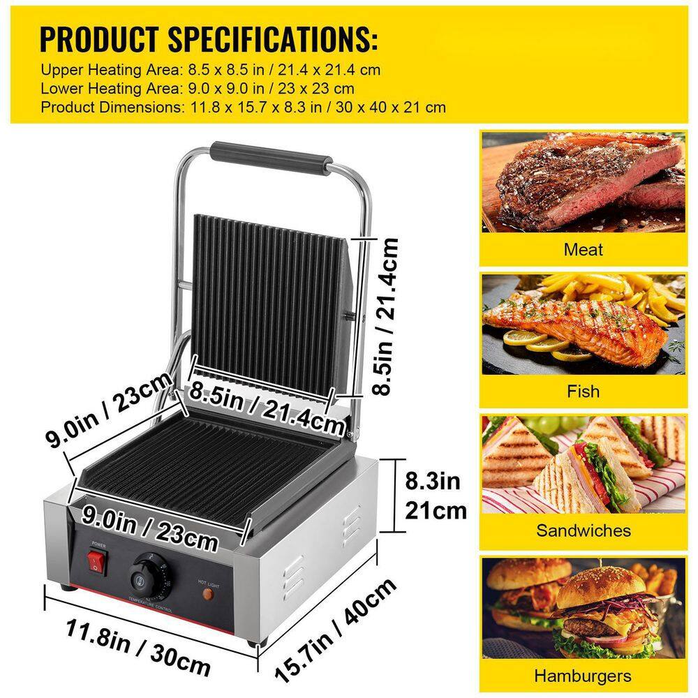 VEVOR Commercial Sandwich Panini Press Grill 1800-Watt Single Full Grooved Plates Stainless Steel Sandwich Maker Silver DPLDYBPLLD-811E01V1