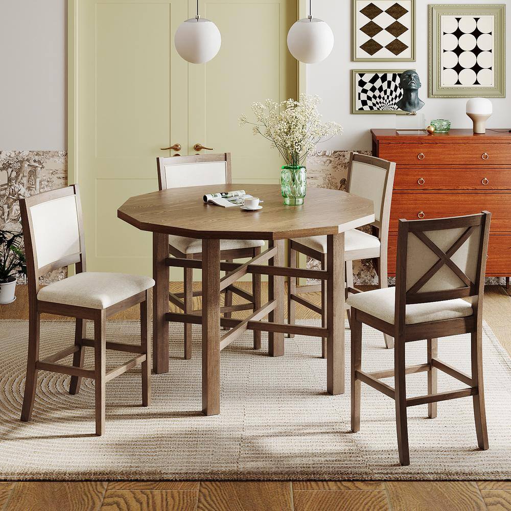 Harper  Bright Designs 5-piece Brown Irregular Round MDF Top Dining Table Set Seats 4 with 4 High-back Cushioned Chairs DT143AAD