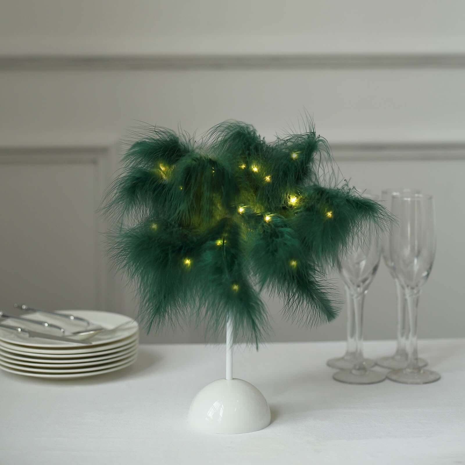 LED Hunter Emerald Green Feather Table Lamp Desk Light, Battery Operated Cordless Wedding Centerpiece 15