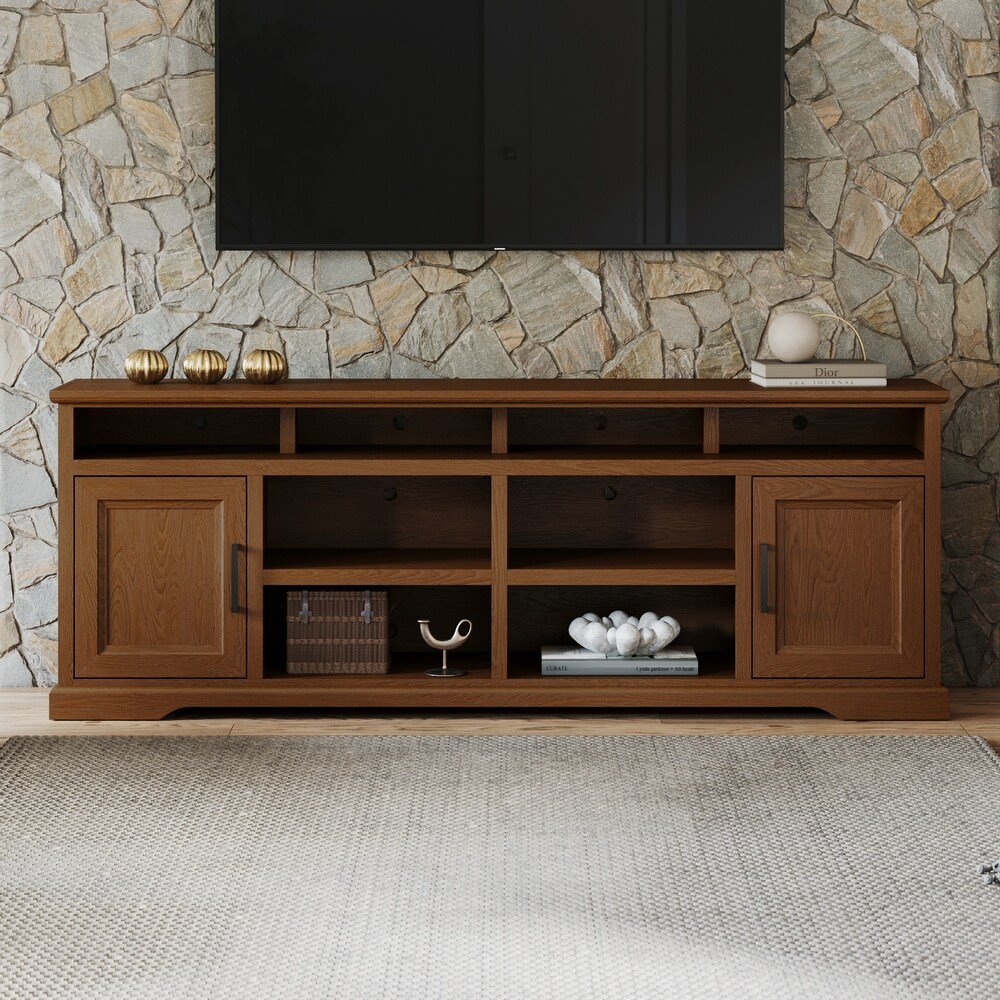 Bridgevine Home Cheyenne 86 Inch TV Stand Console  for TVs up to 95 inches  No Assembly Required  Bourbon Oak Finish