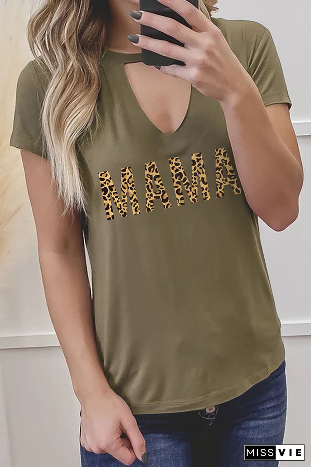 MAMA and Leopard Print Graphic Tees for Women Wholesale Short Sleeve T shirts Top