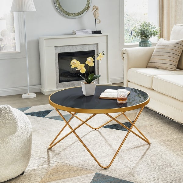 Mid Century Modern Round Gold Coffee Table with Black Glass and Metal Frame Central Table for Living Room Recepetion Room