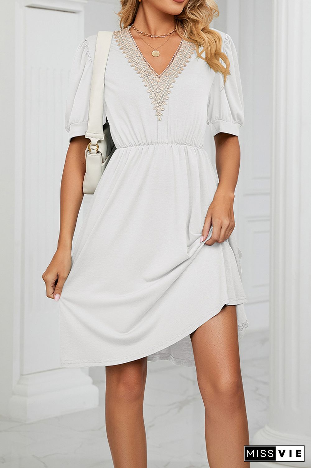 V Neck Lace Edge Pockets T-Shirt Dress