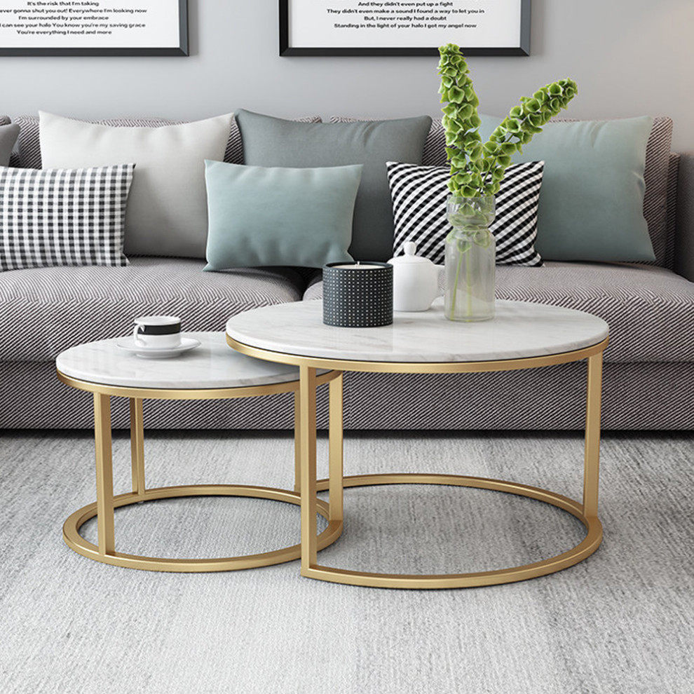 Modern Round Coffee Table Gold Metal  ampWhite Marble Accent Table with Set of 2   Contemporary   Coffee Table Sets   by Homary International Limited  Houzz