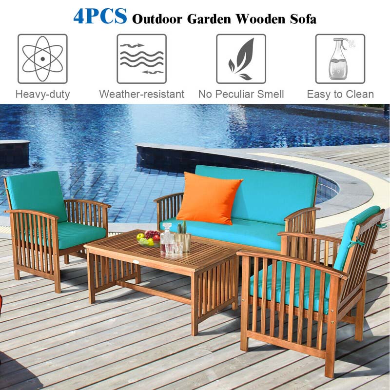 4 Pcs Outdoor Acacia Wood Sofa Set Patio Conversation Furniture Set with Cushions & Coffee Table