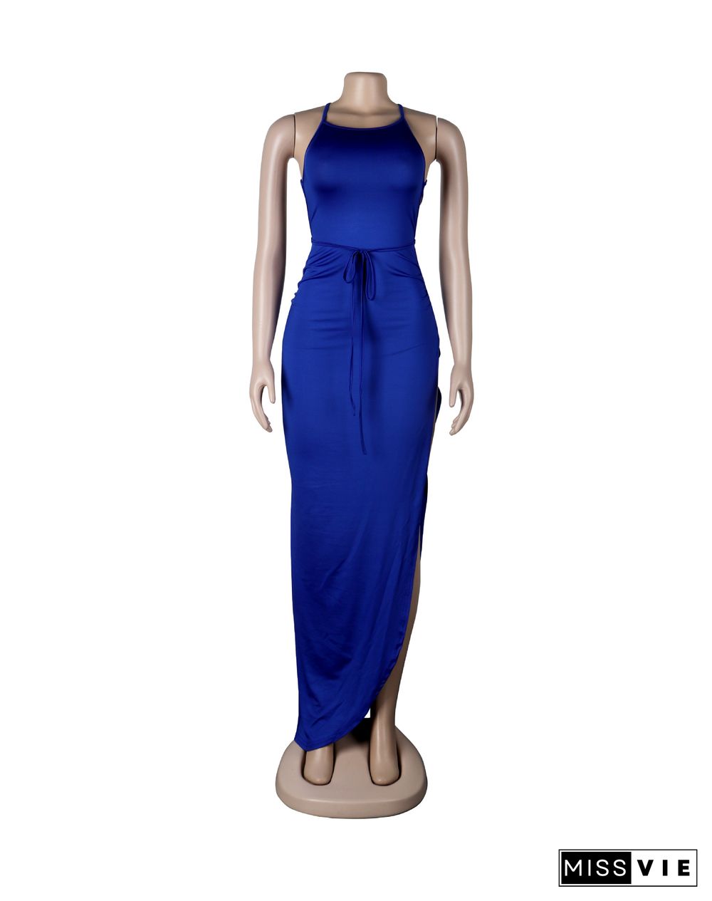 Women Sexy Solid Backless Halter Sling Bandage High Side Slit Slinky Evening Party Long Maxi Dress