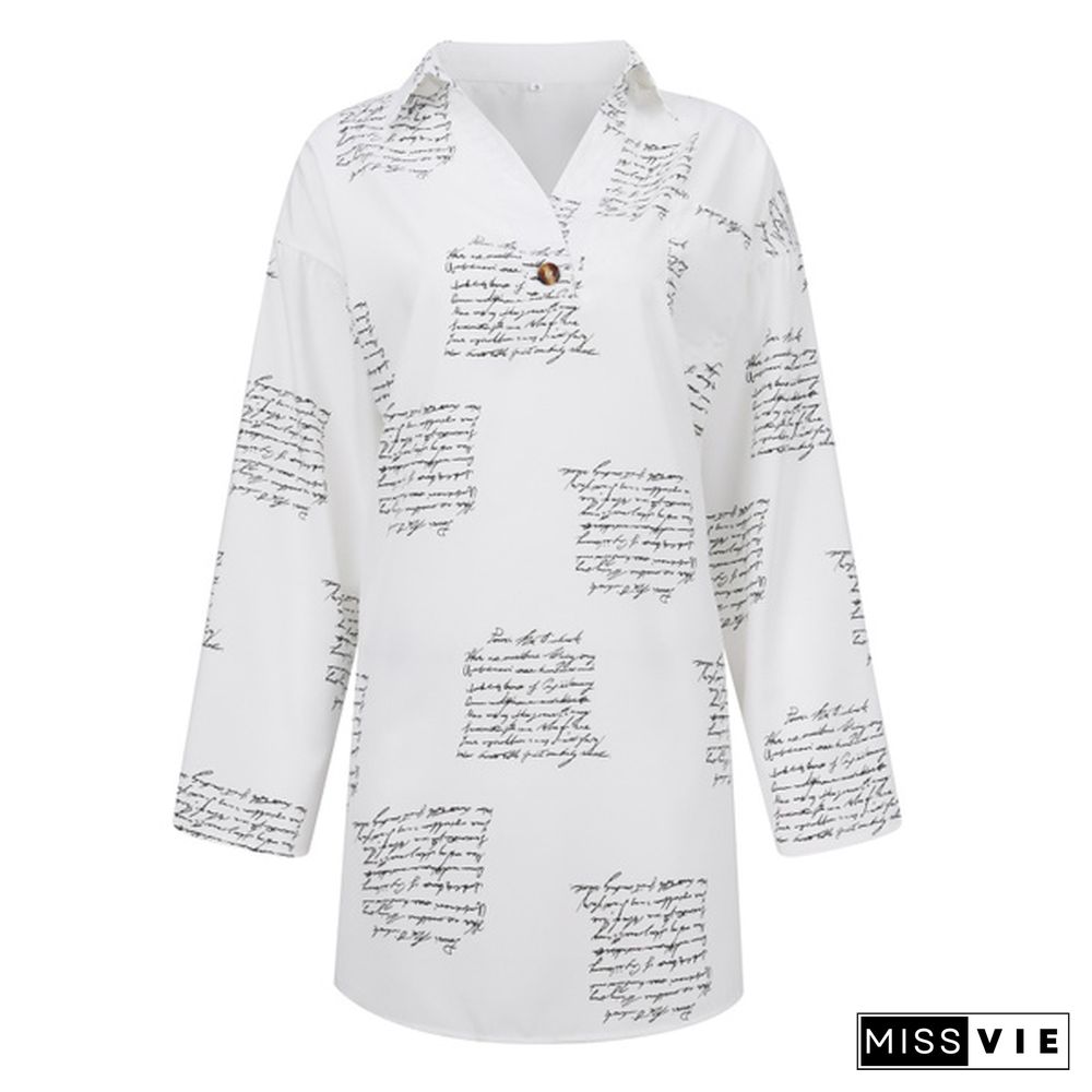 Spring and Autumn Women's Long Shirt Dress Long Sleeve Lapel Slim Casual Long Skirt XL Long Shirt Letter Print Shirt