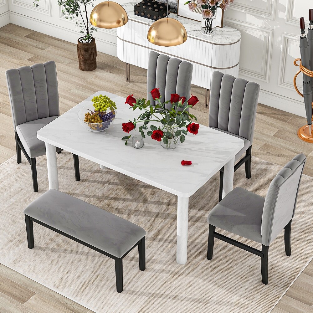 6 Piece Dining Table Set with Marble Veneer Table 4 Chairs and 1 Bench