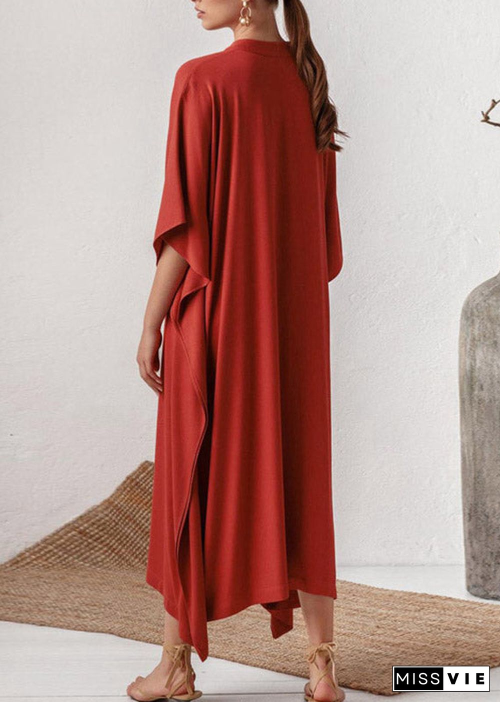 Elegant Red V Neck Side Open Solid Party Long Dress Summer