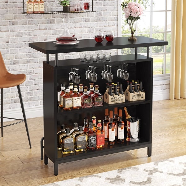 3-Tier Bar Table Liquor Cabinet with Stemware Rack and Metal Footrest