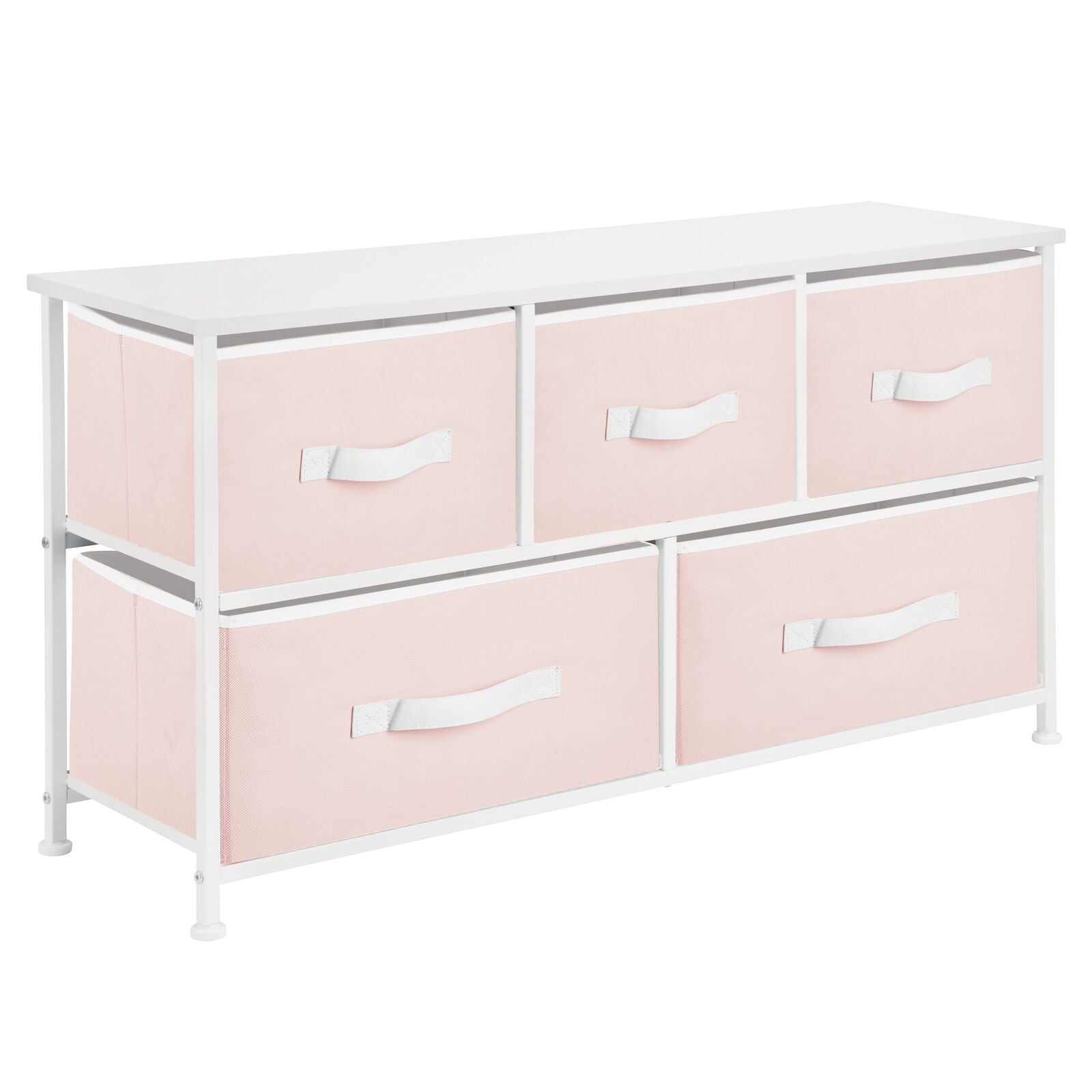 mDesign Wide Steel Frame/Wood Top Storage Dresser Furniture with 5 Fabric Drawers, Large Bureau Organizer for Baby, Kid, and Teen Bedroom, Nursery, Playroom, Dorm - Jane Collection, Pink/White