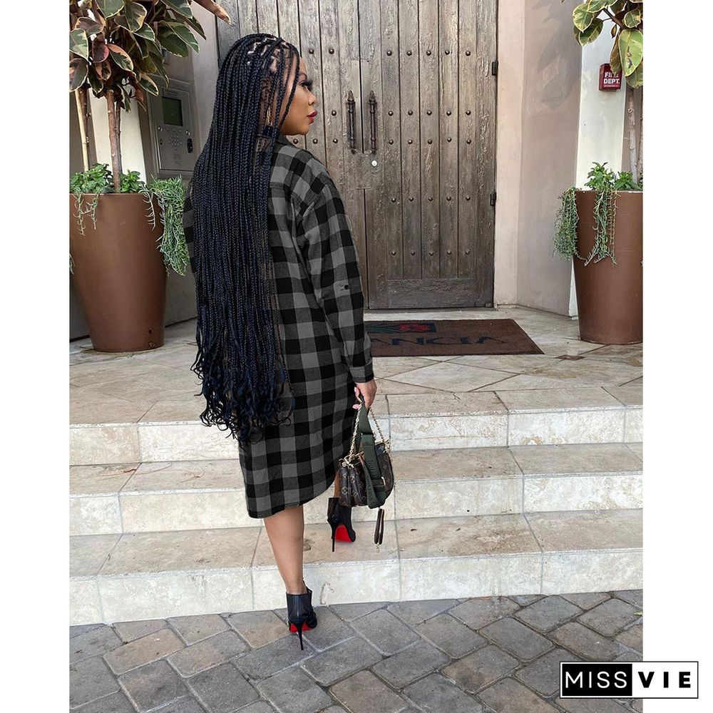 Plaid Print Long Sleeve Shirt Midi Dress