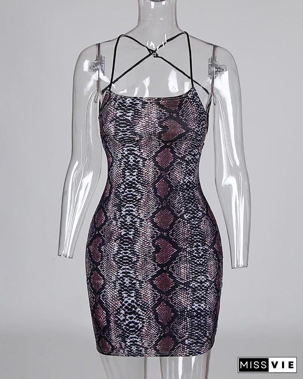 Snakeskin Print Halter Lace-Up Back Dress