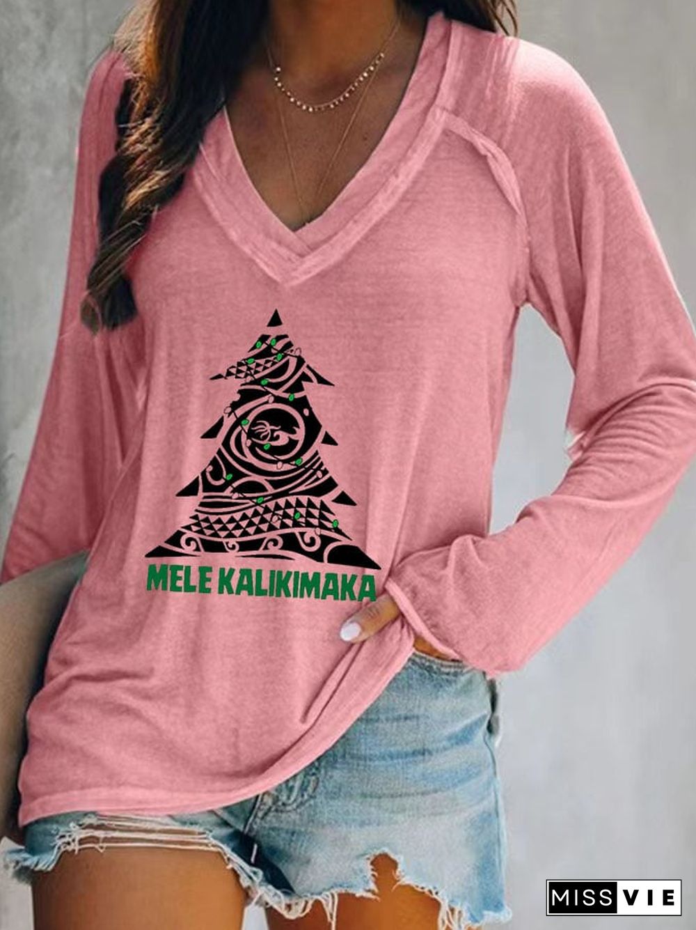 Women's Casual Mele Kalikimaka Print Long Sleeve T-Shirt