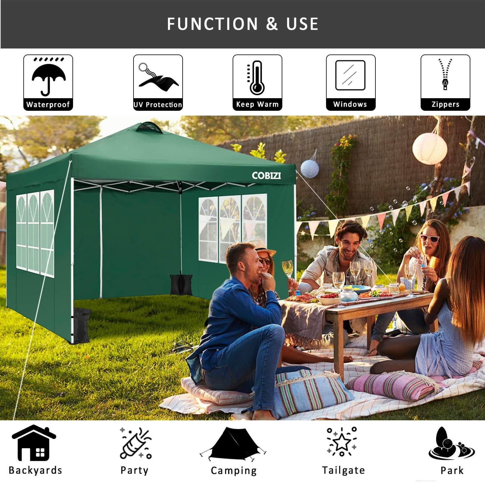 10' x 10' Canopy Tent Party Tent UV/Sun/Rain Protection Straight Leg Instant Pop Up Canopy Tent, Height Ajustable Beach Shade Tent Gazebo w/4 Removable Sidewalls, Carry Bag, 4 Sandbags, Green