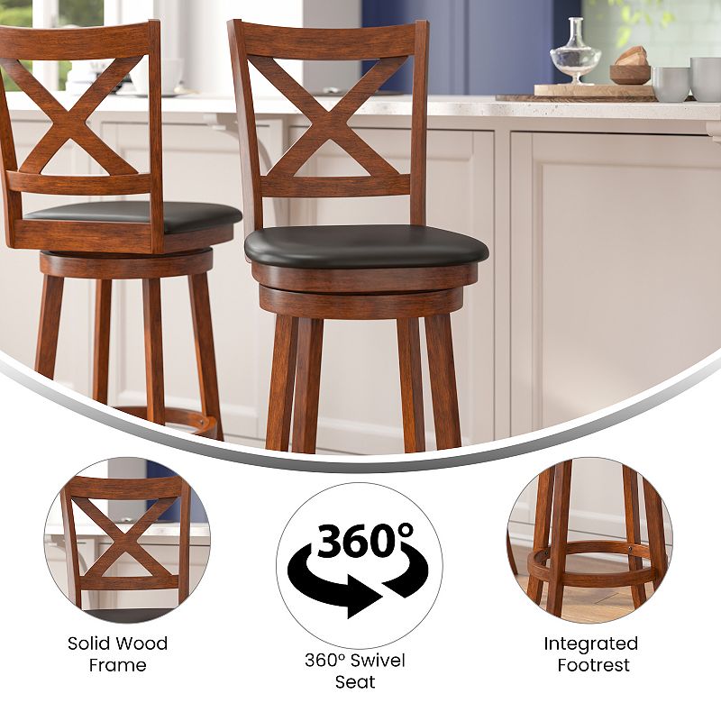 Merrick Lane Sora 30 Classic Wooden Crossback Swivel Bar Height Pub Stool with Upholstered Padded Seat and Integrated Footrest