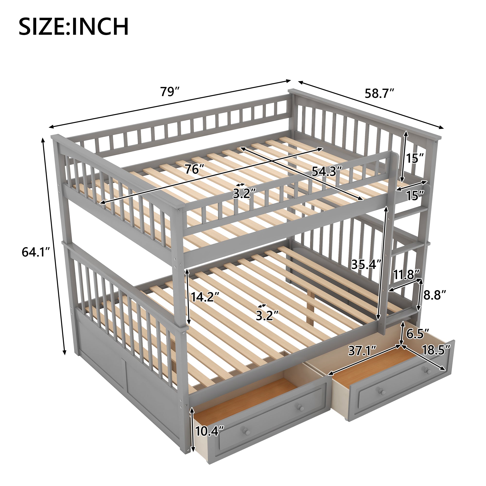 Euroco Pine Wood Bunk Bed With Storage, Full-Over-Full, Grey