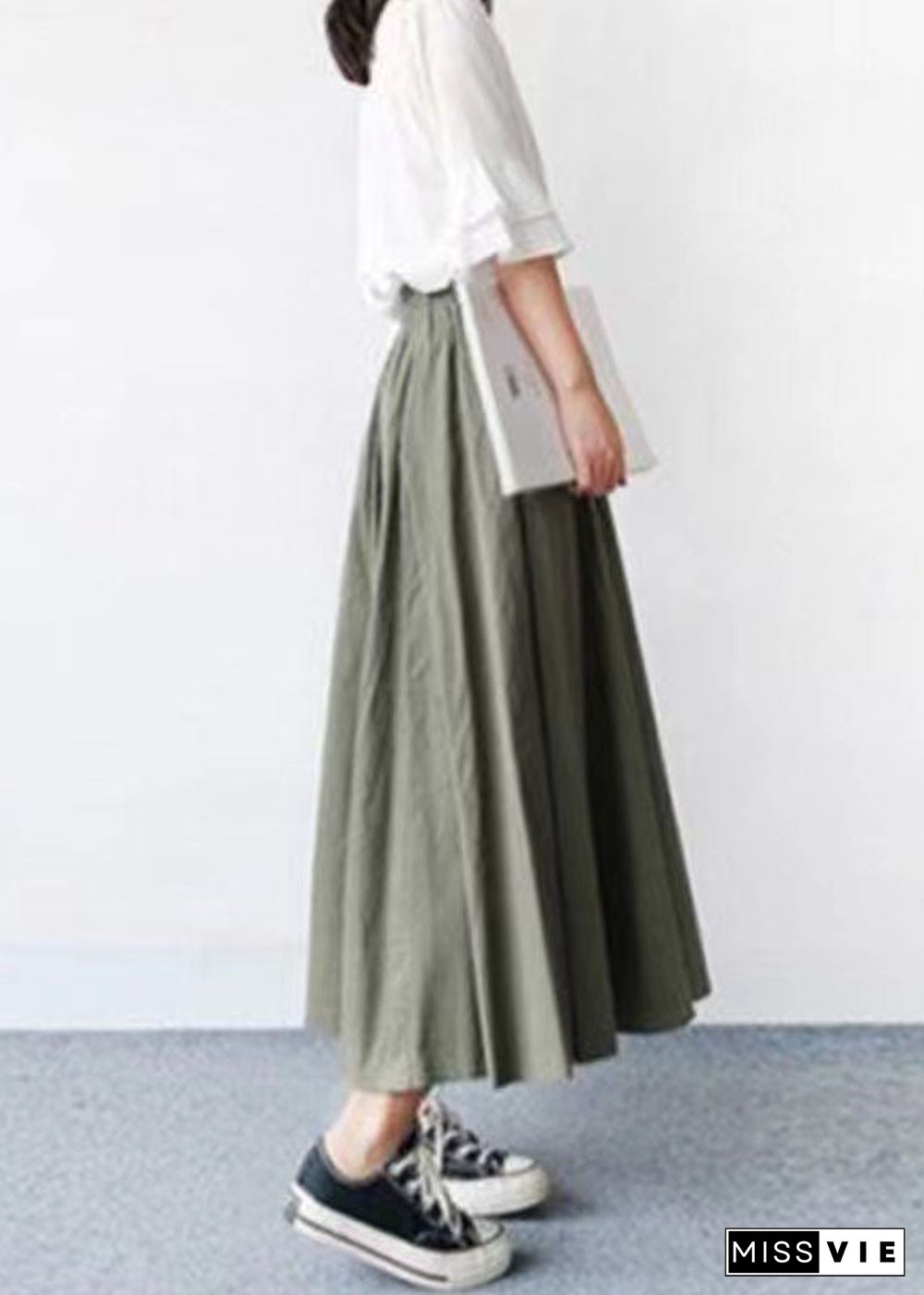 Stylish Green Wrinkled Patchwork Exra Large Hem Cotton Skirts Summer