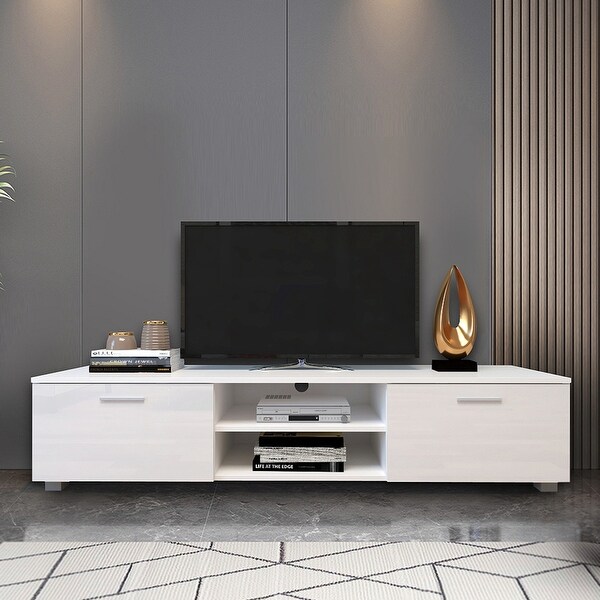 TV Stand Media Console Entertainment Center Table， 2 Storage Cabinet with Open Shelves for 70