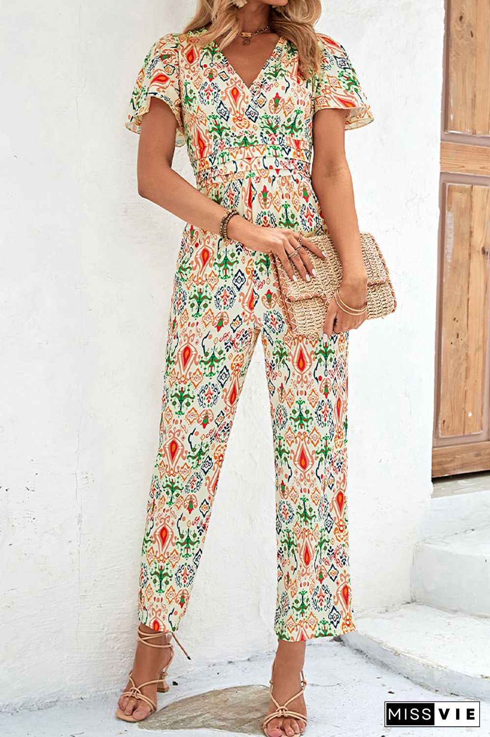 V Neck High Wasit Printed Jumpsuit