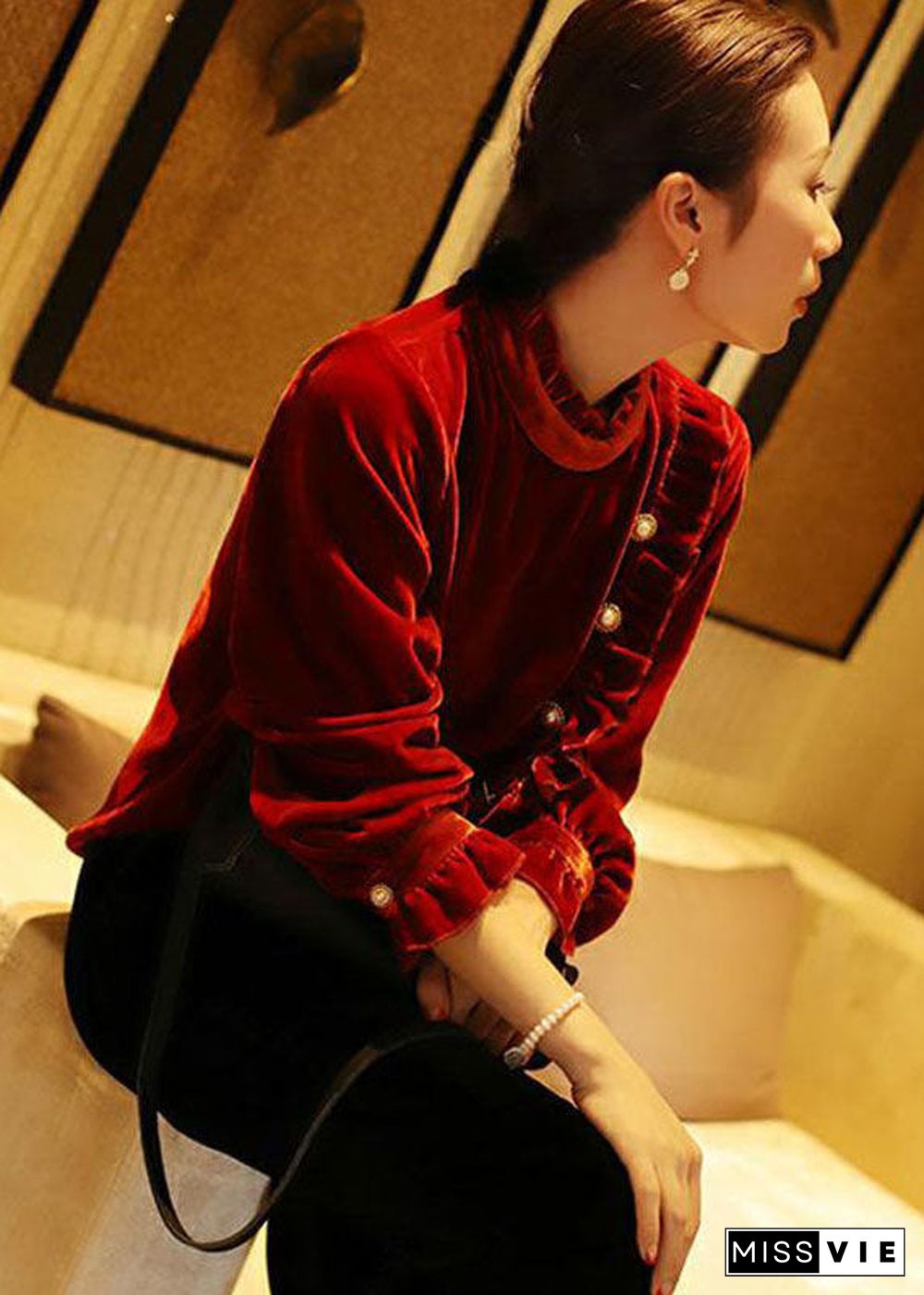 Women Red Stand Collar Ruffled Button Silk Velour Shirt Top Long Sleeve