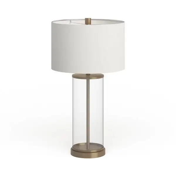 Reeves Cylindrical Clear Glass and Antique Brass Table Lamp with Linen Shade