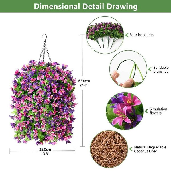 Artificial Hanging Flowers in Basket for Outdoor Spring Decoration，4pcs Faux Silk Violet Flower Bouquet UV Resistant