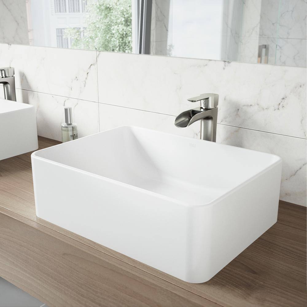 VIGO Amaryllis Modern White Matte Stone 20 in. L x 14 in. W x 7 in. H Rectangular Vessel Bathroom Sink VG04005