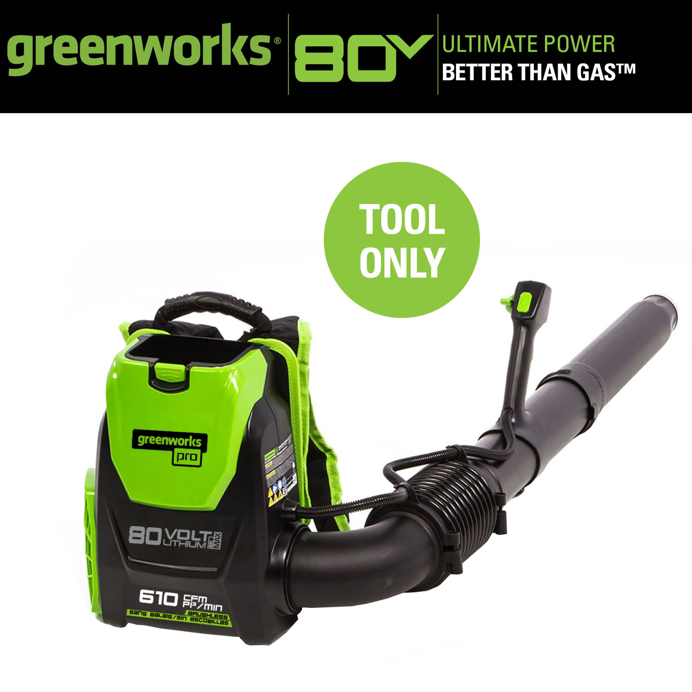 Greenworks 80V 580 CFM Cordless Brushless Backpack Blower， Battery Not Included， 2403802