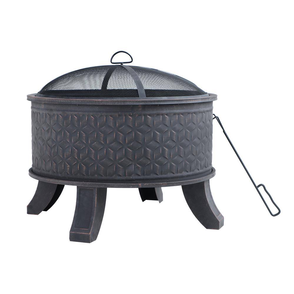 PHI VILLA 26.4 in. Antiqued Pattern Round Metal Fire Pit THD-E02GS005